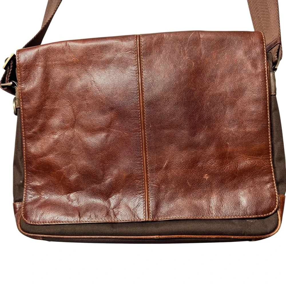 Boconi Messenger Bag Brown Leather Canvas Laptop Case Dark Academia